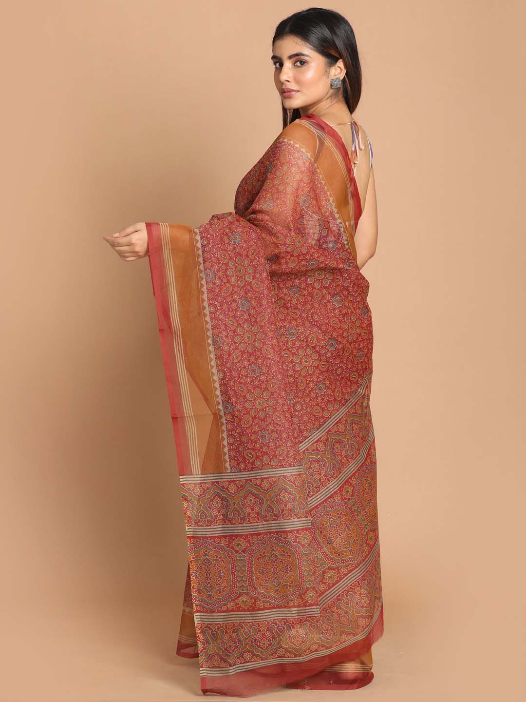 Indethnic Printed Cotton Blend Saree in Maroon - View 3