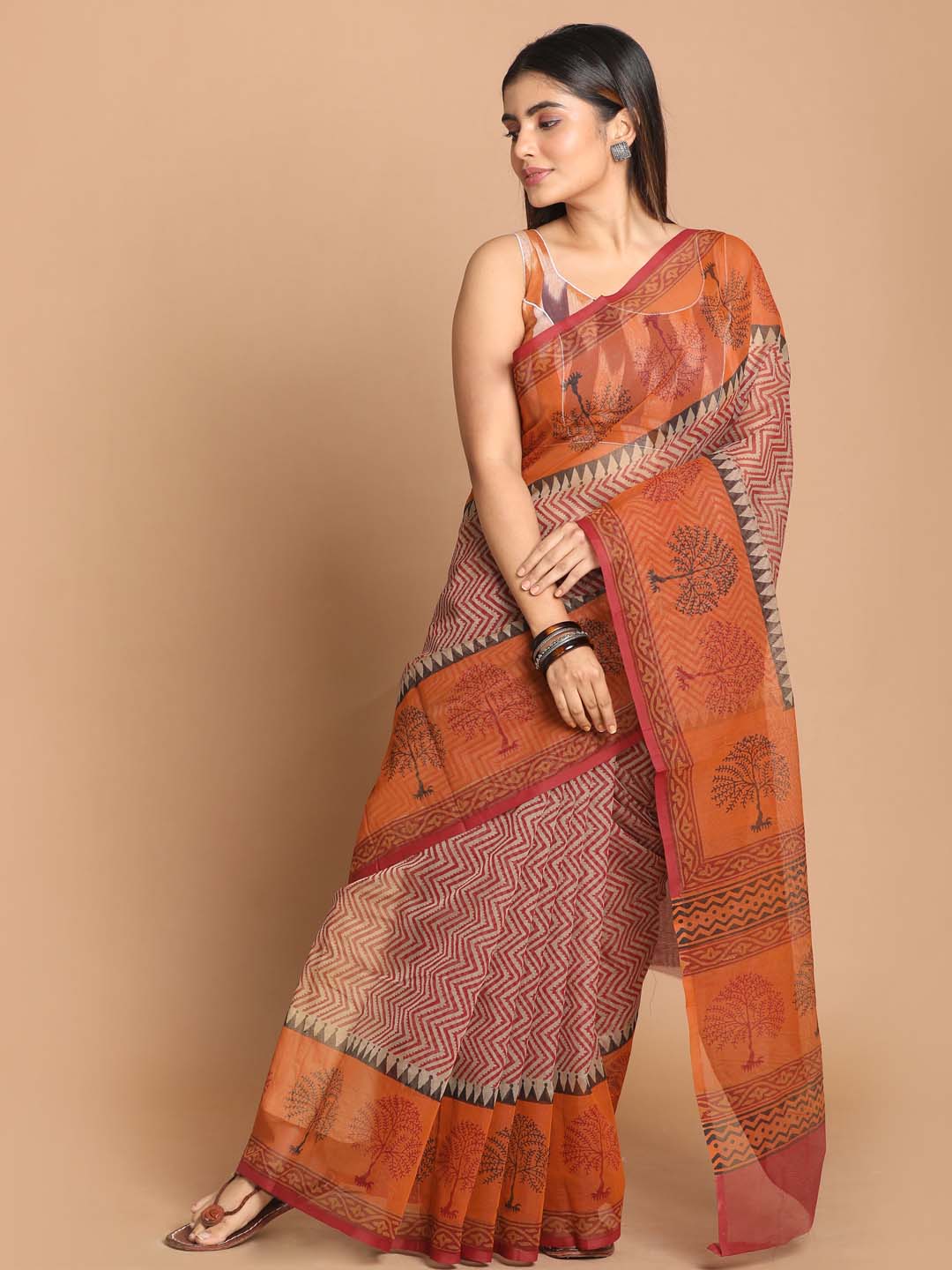 Indethnic Printed Cotton Blend Saree in Maroon - View 1