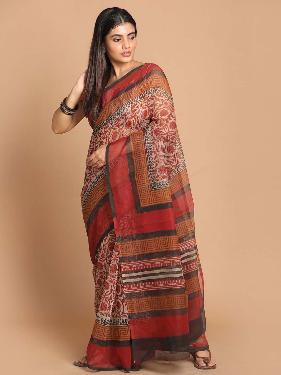 Indethnic Printed Cotton Blend Saree in Maroon - View 1