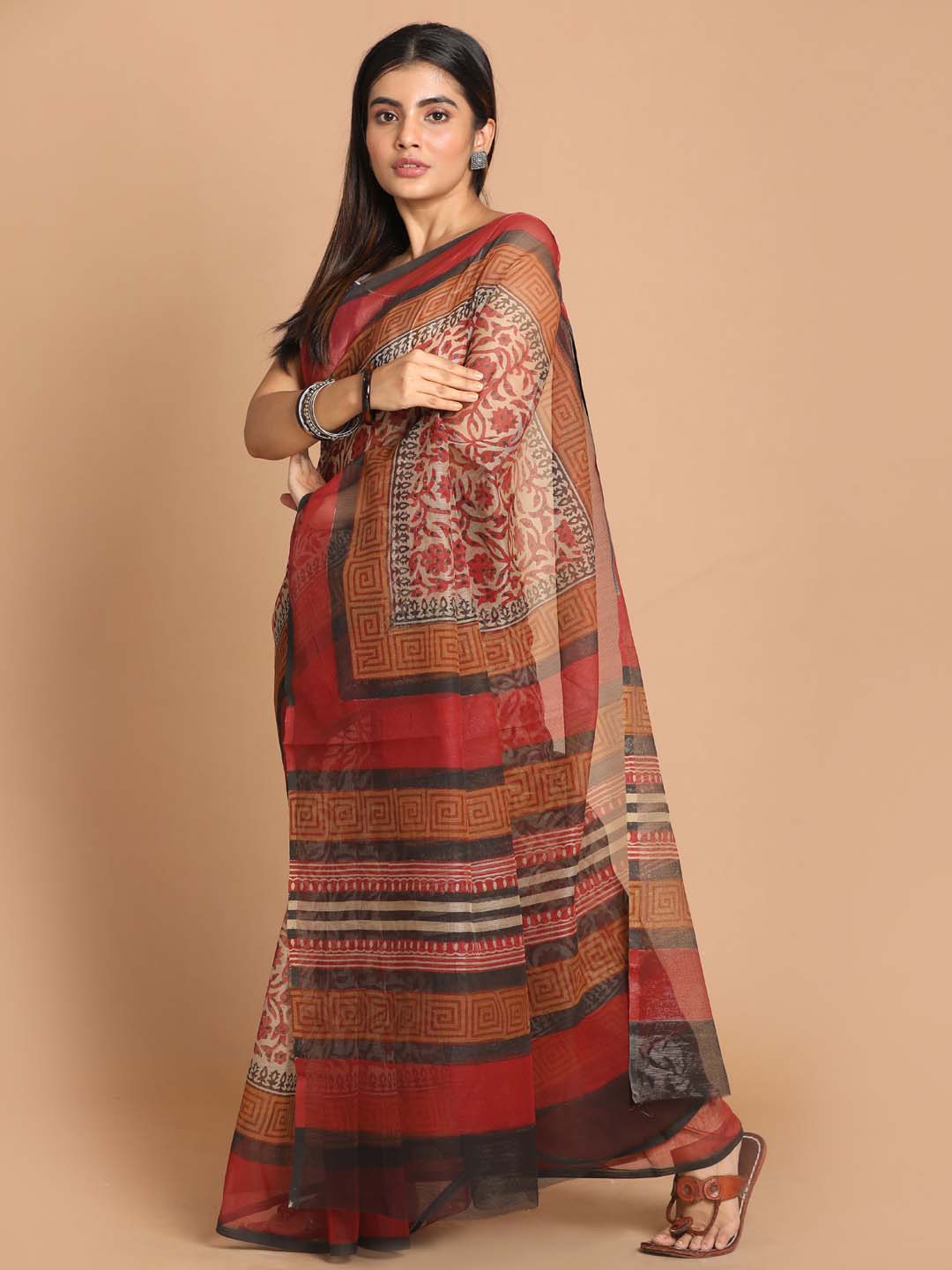 Indethnic Printed Cotton Blend Saree in Maroon - View 2