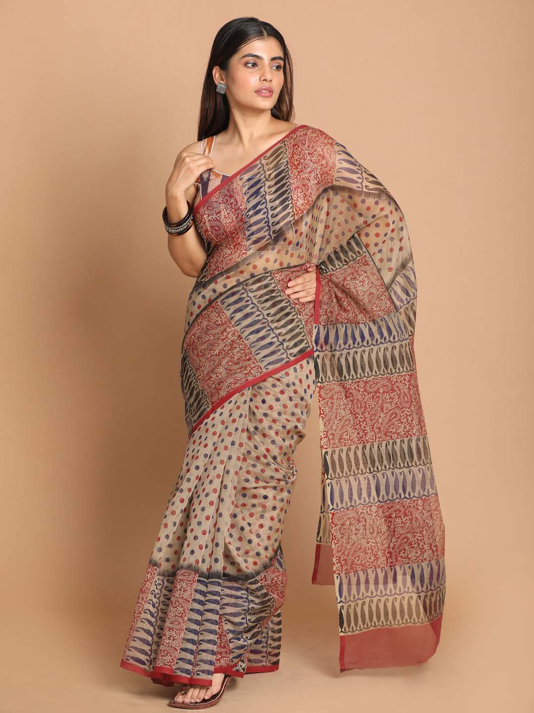 Indethnic Printed Cotton Blend Saree in Maroon - View 1