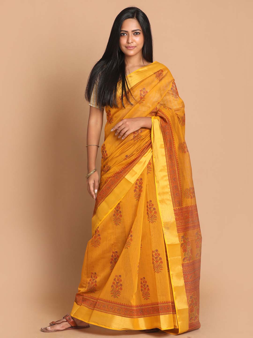 Indethnic Printed Cotton Blend Saree in Mustard - View 1