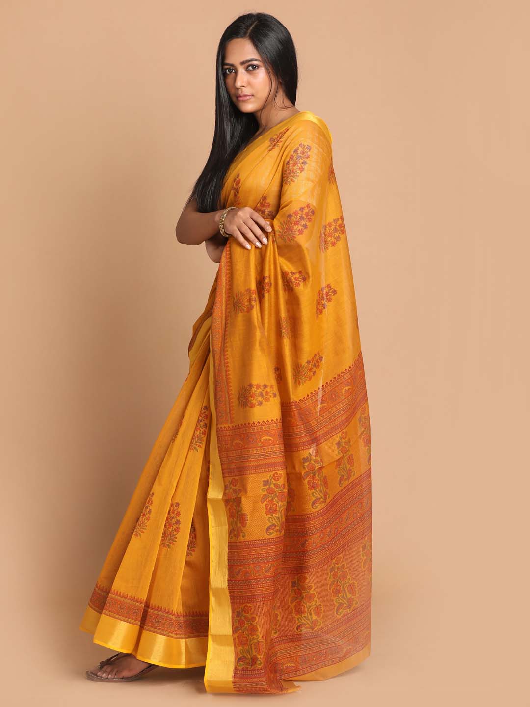 Indethnic Printed Cotton Blend Saree in Mustard - View 2