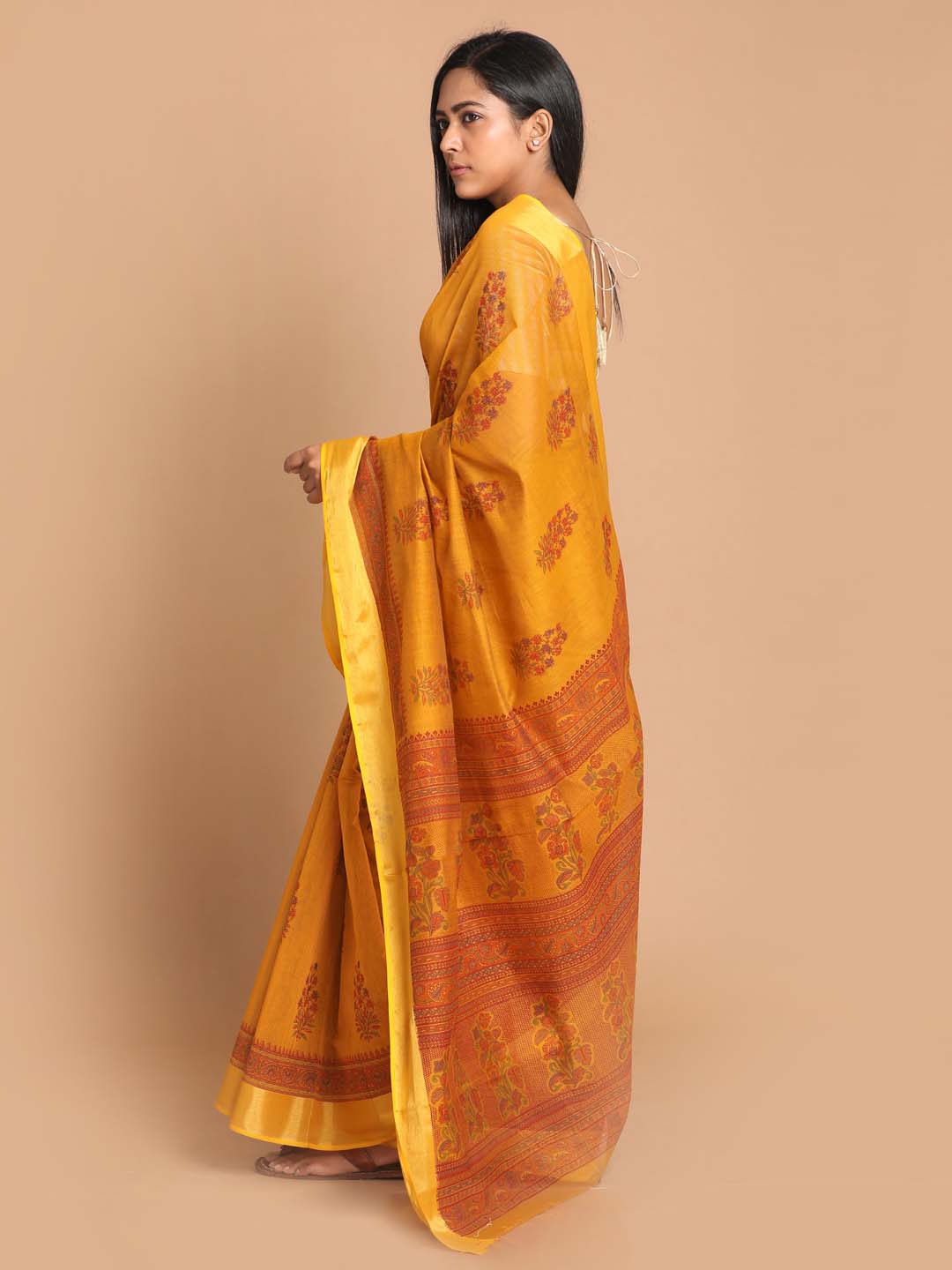 Indethnic Printed Cotton Blend Saree in Mustard - View 3