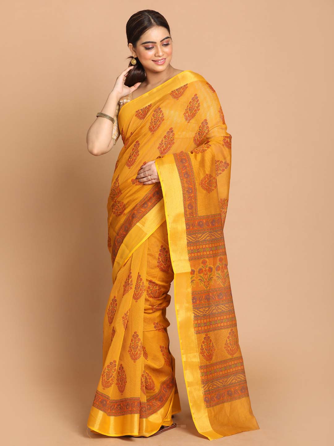 Indethnic Printed Cotton Blend Saree in Mustard - View 1