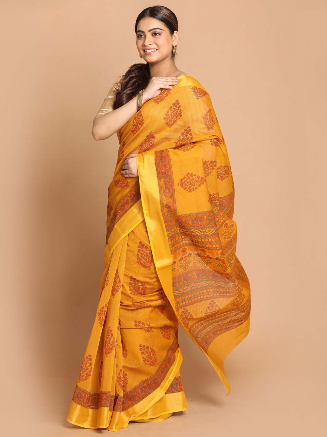 Indethnic Printed Cotton Blend Saree in Mustard - View 2