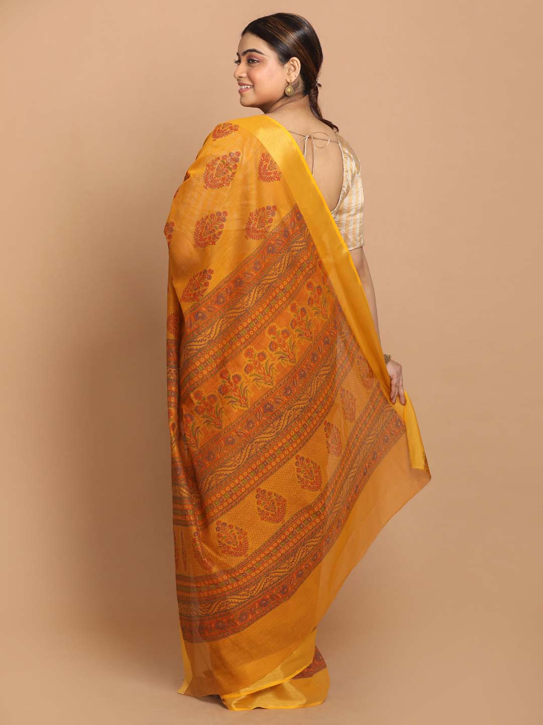 Indethnic Printed Cotton Blend Saree in Mustard - View 3
