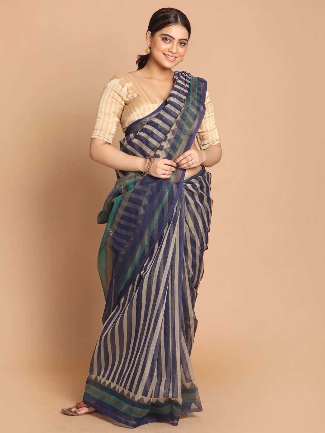 Indethnic Printed Cotton Blend Saree in navy blue - View 1