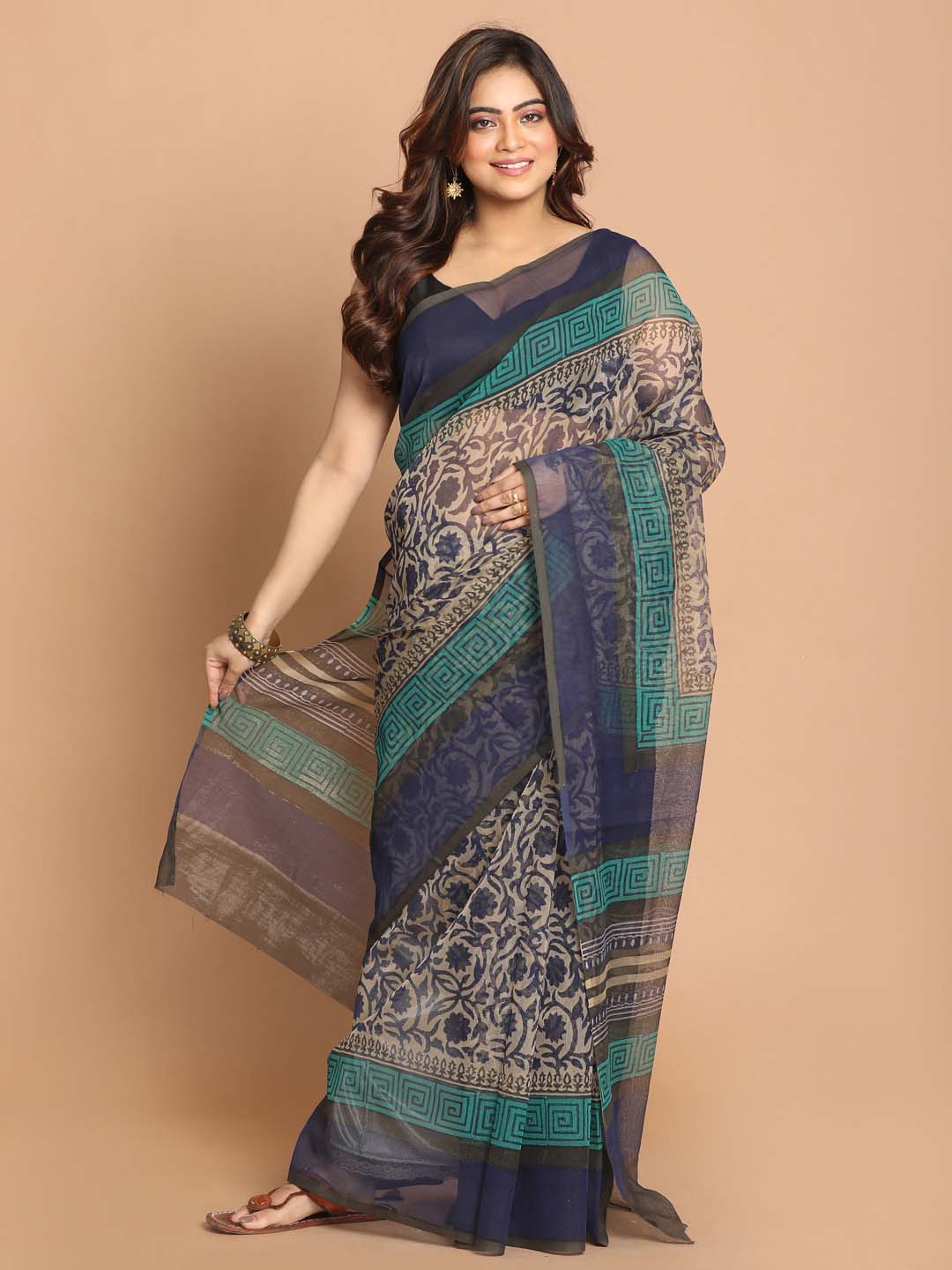 Indethnic Printed Cotton Blend Saree in navy blue - View 1