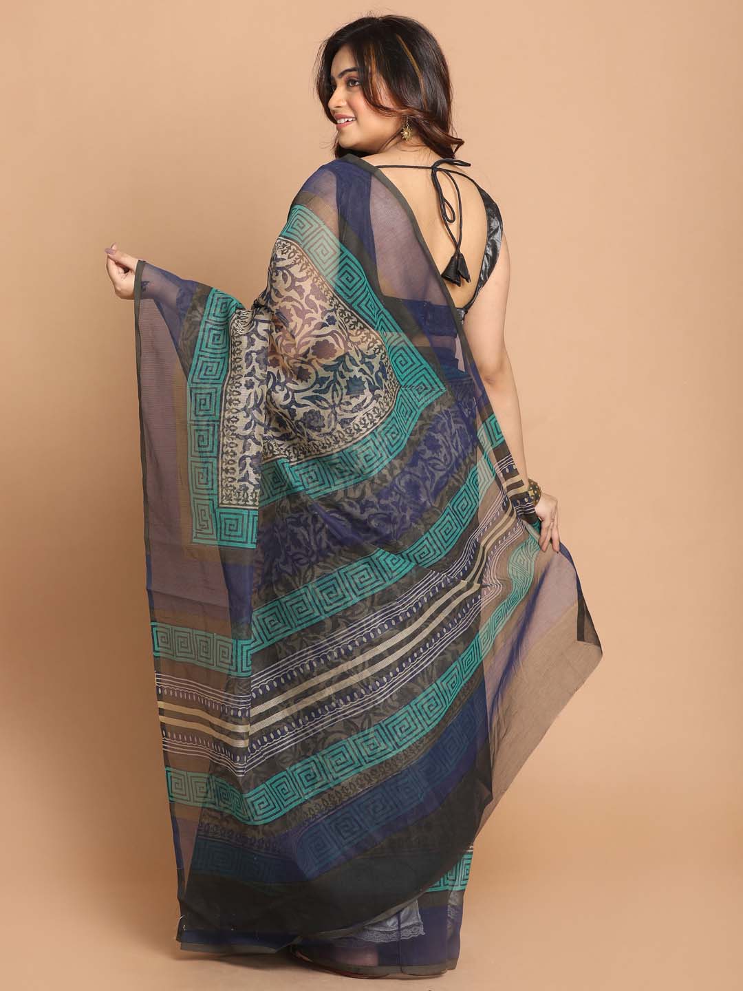 Indethnic Printed Cotton Blend Saree in navy blue - View 3