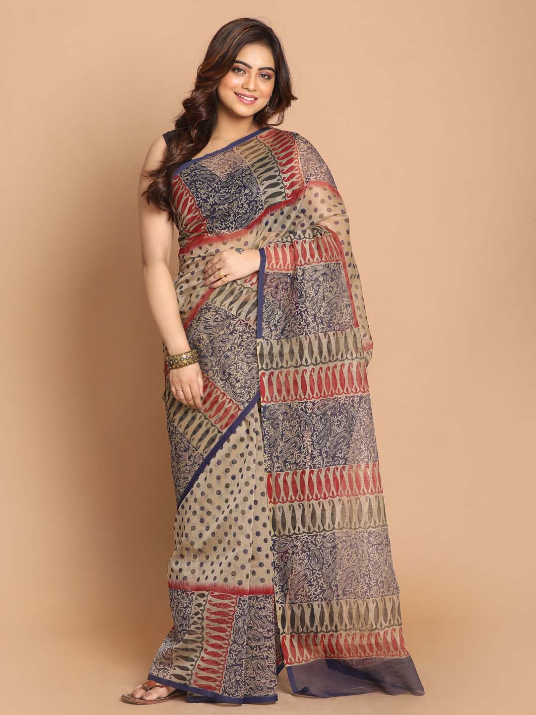 Indethnic Printed Cotton Blend Saree in navy blue - View 1