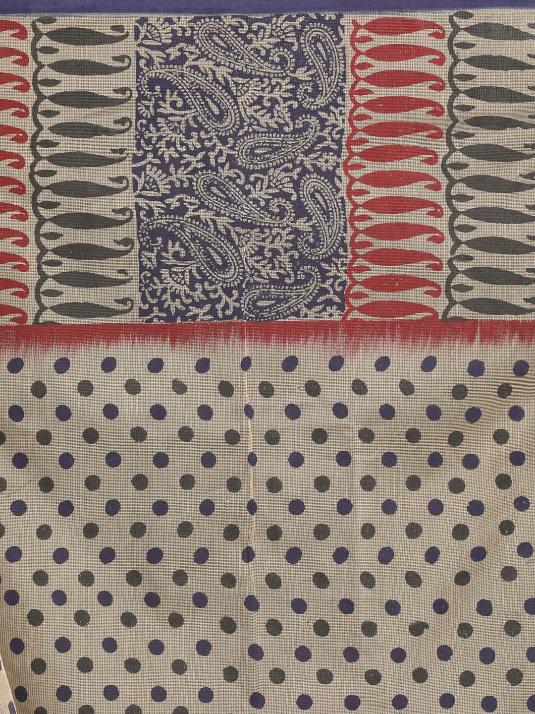 Indethnic Printed Cotton Blend Saree in navy blue - Saree Detail View