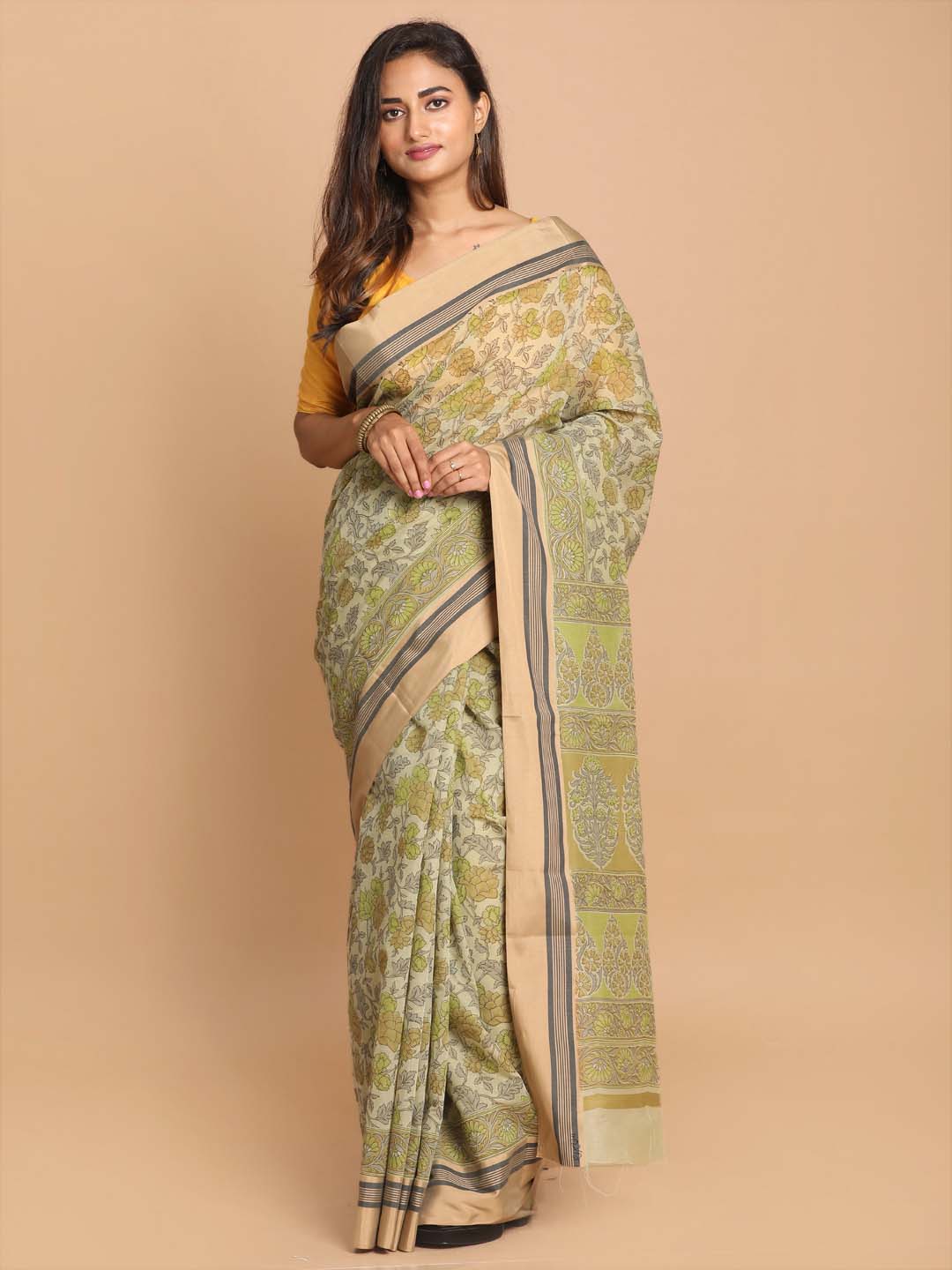 Indethnic Printed Cotton Blend Saree in Olive - View 1