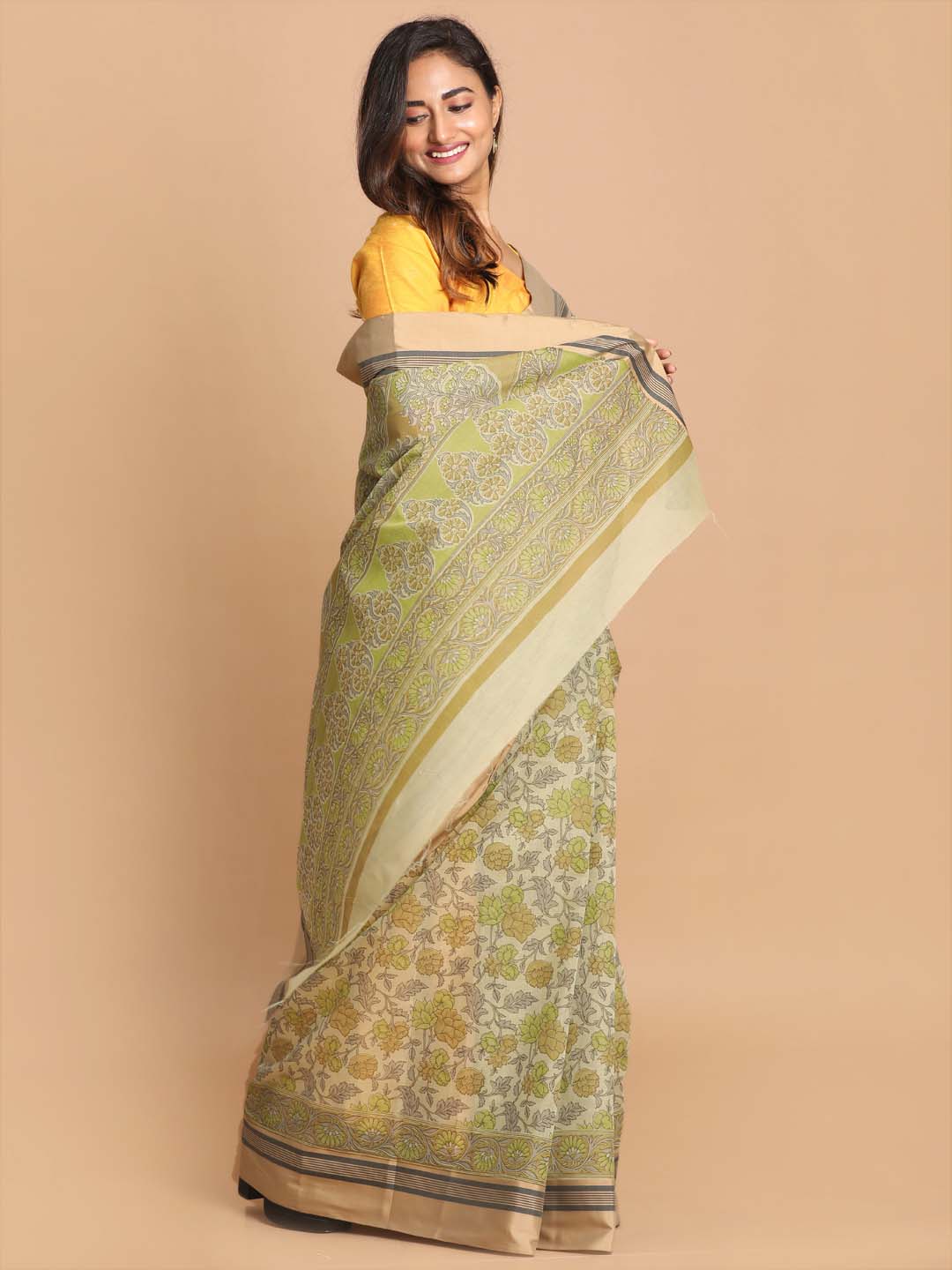 Indethnic Printed Cotton Blend Saree in Olive - View 1