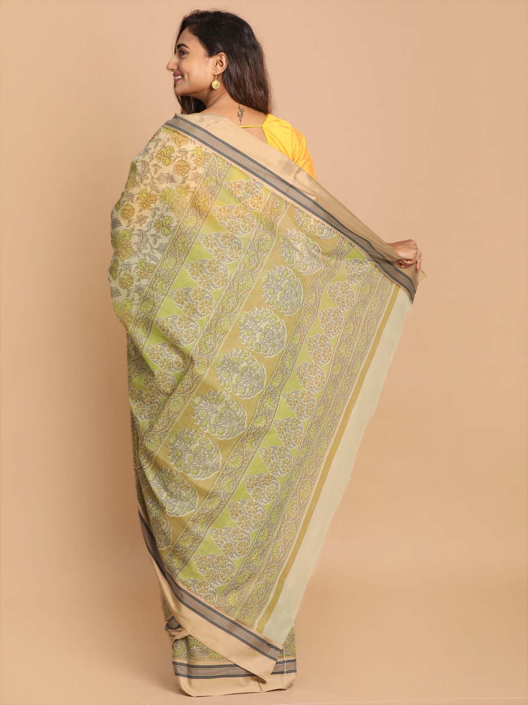 Indethnic Printed Cotton Blend Saree in Olive - View 3