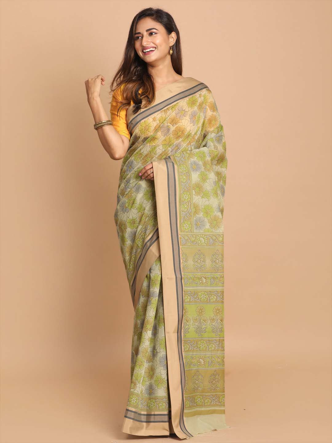 Indethnic Printed Cotton Blend Saree in Olive - View 1