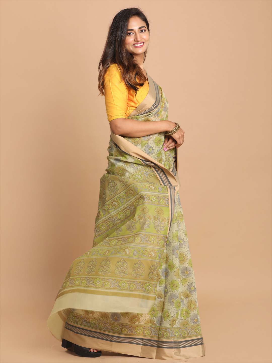 Indethnic Printed Cotton Blend Saree in Olive - View 2