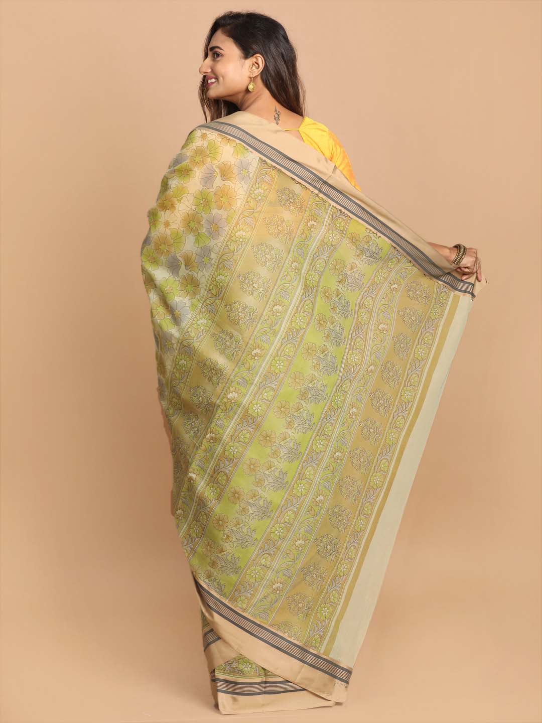 Indethnic Printed Cotton Blend Saree in Olive - View 3