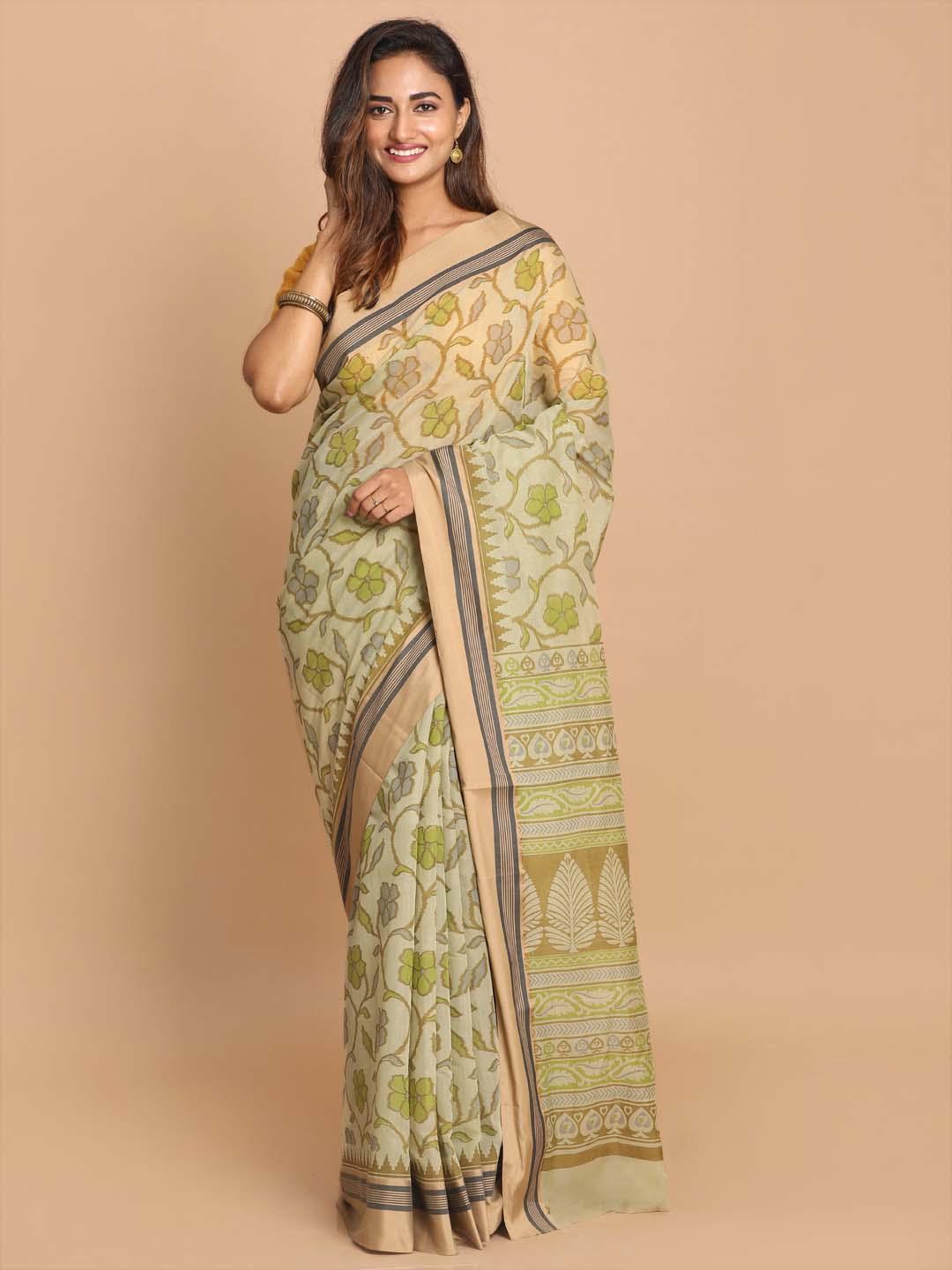 Indethnic Printed Cotton Blend Saree in Olive - View 1