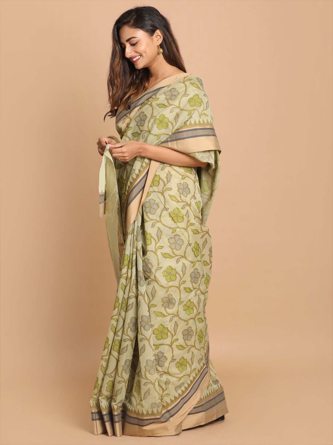 Indethnic Printed Cotton Blend Saree in Olive - View 2