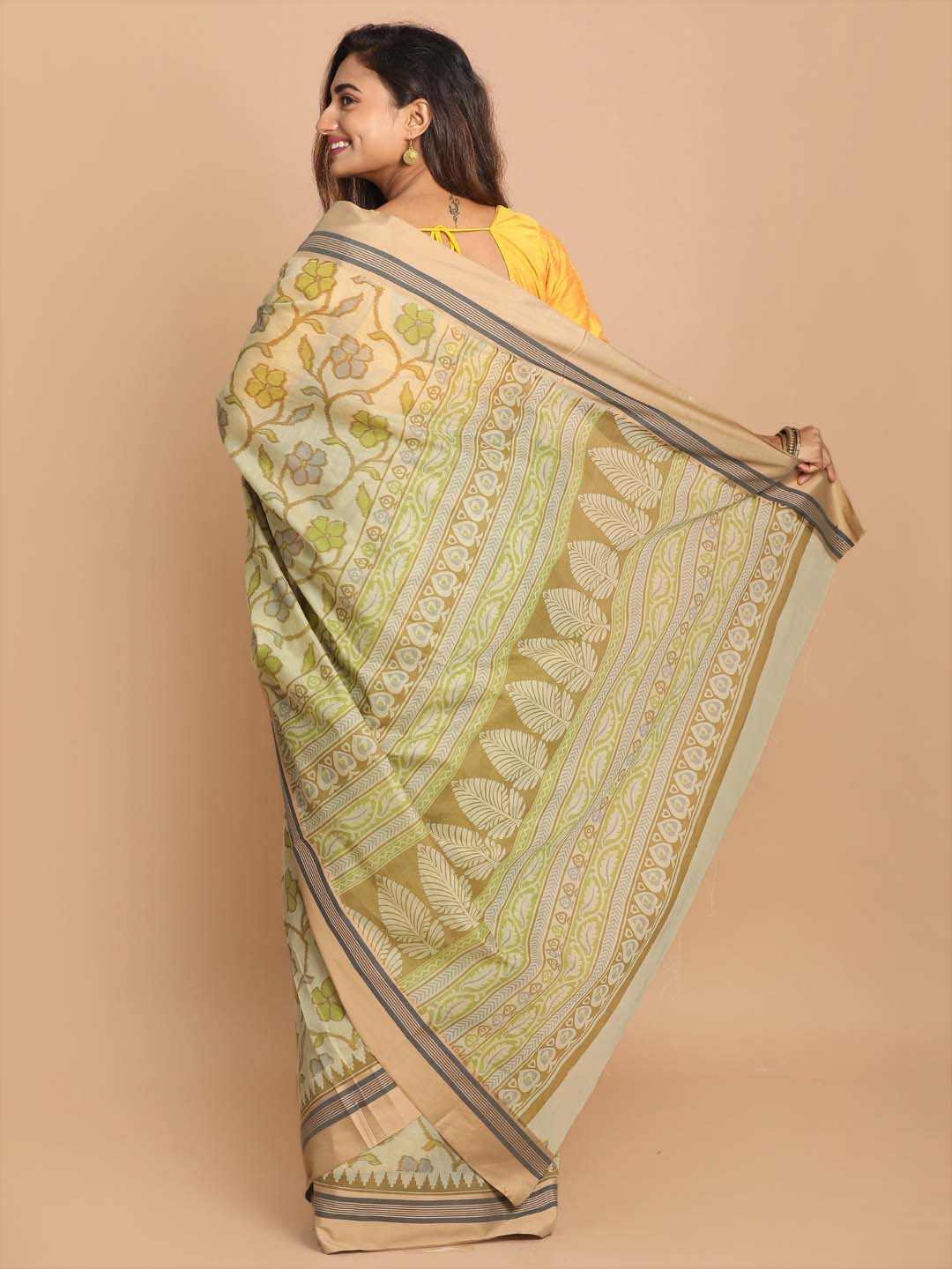 Indethnic Printed Cotton Blend Saree in Olive - View 3