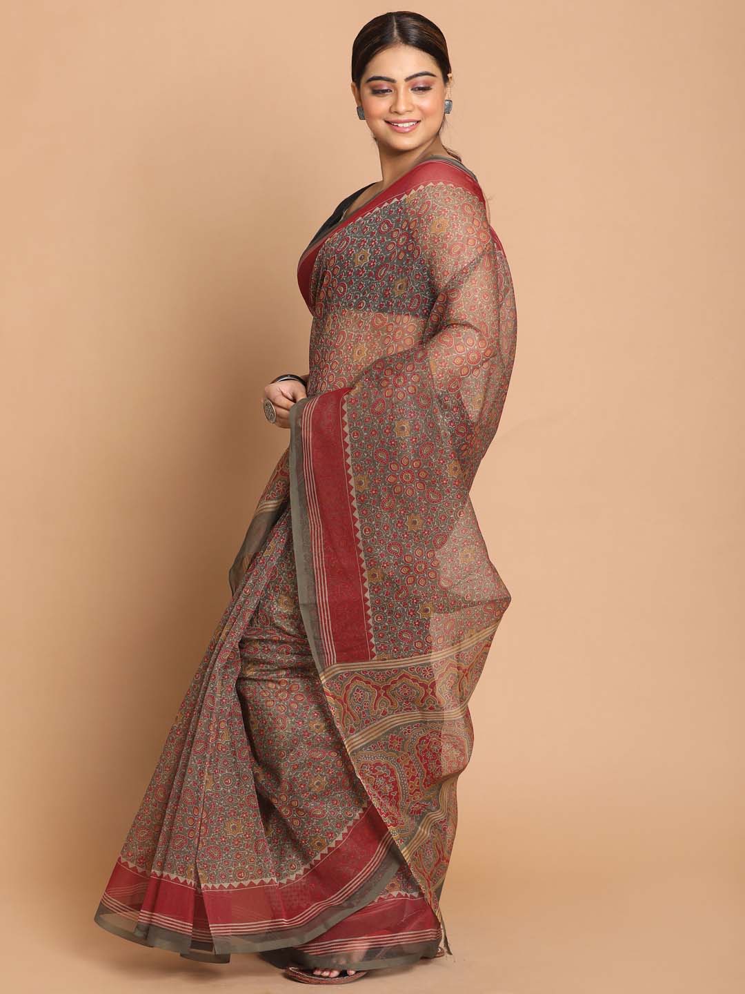 Indethnic Printed Cotton Blend Saree in Olive - View 2