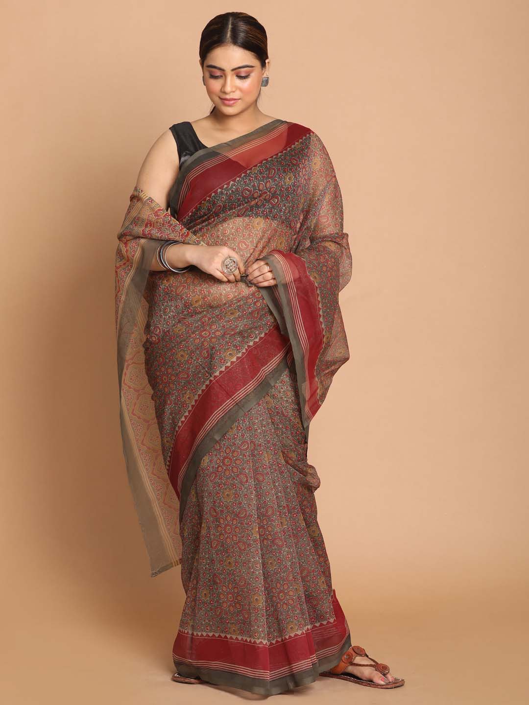 Indethnic Printed Cotton Blend Saree in Olive - View 1