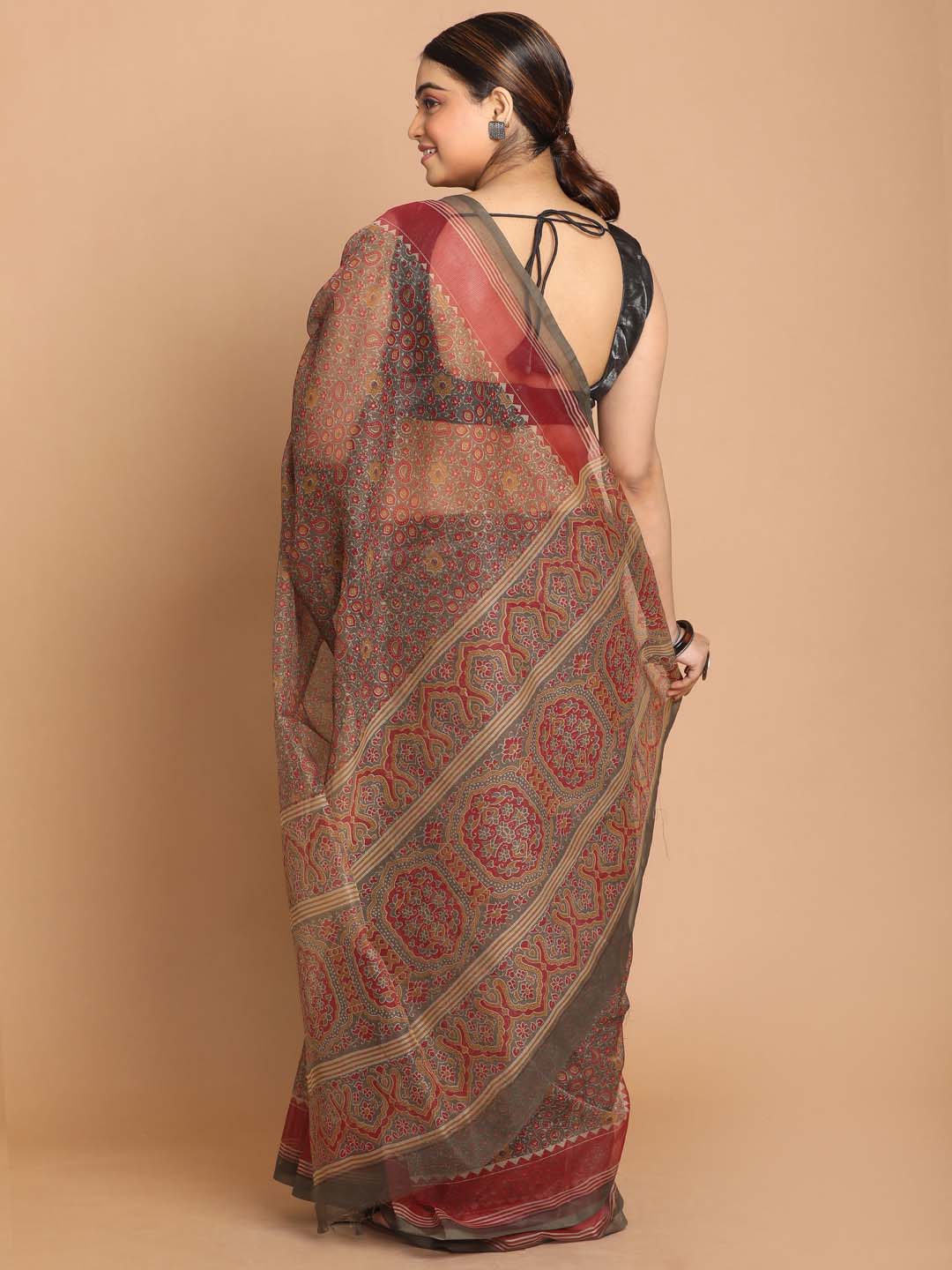 Indethnic Printed Cotton Blend Saree in Olive - View 3