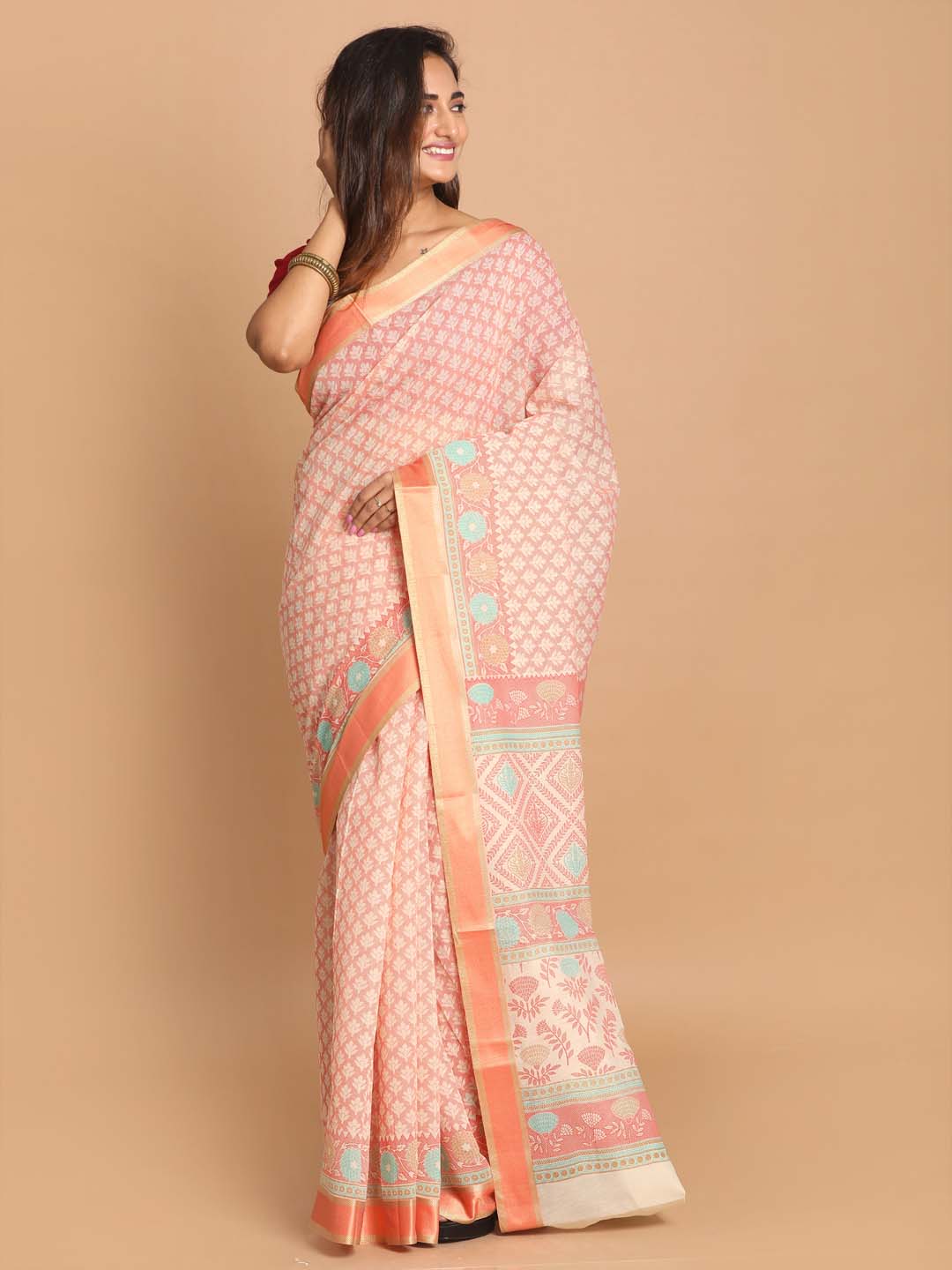 Indethnic Printed Cotton Blend Saree in Orange - View 1