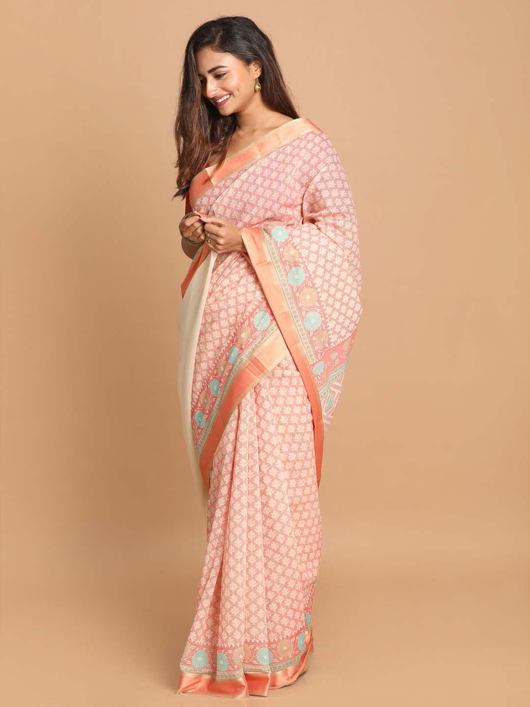 Indethnic Printed Cotton Blend Saree in Orange - View 2