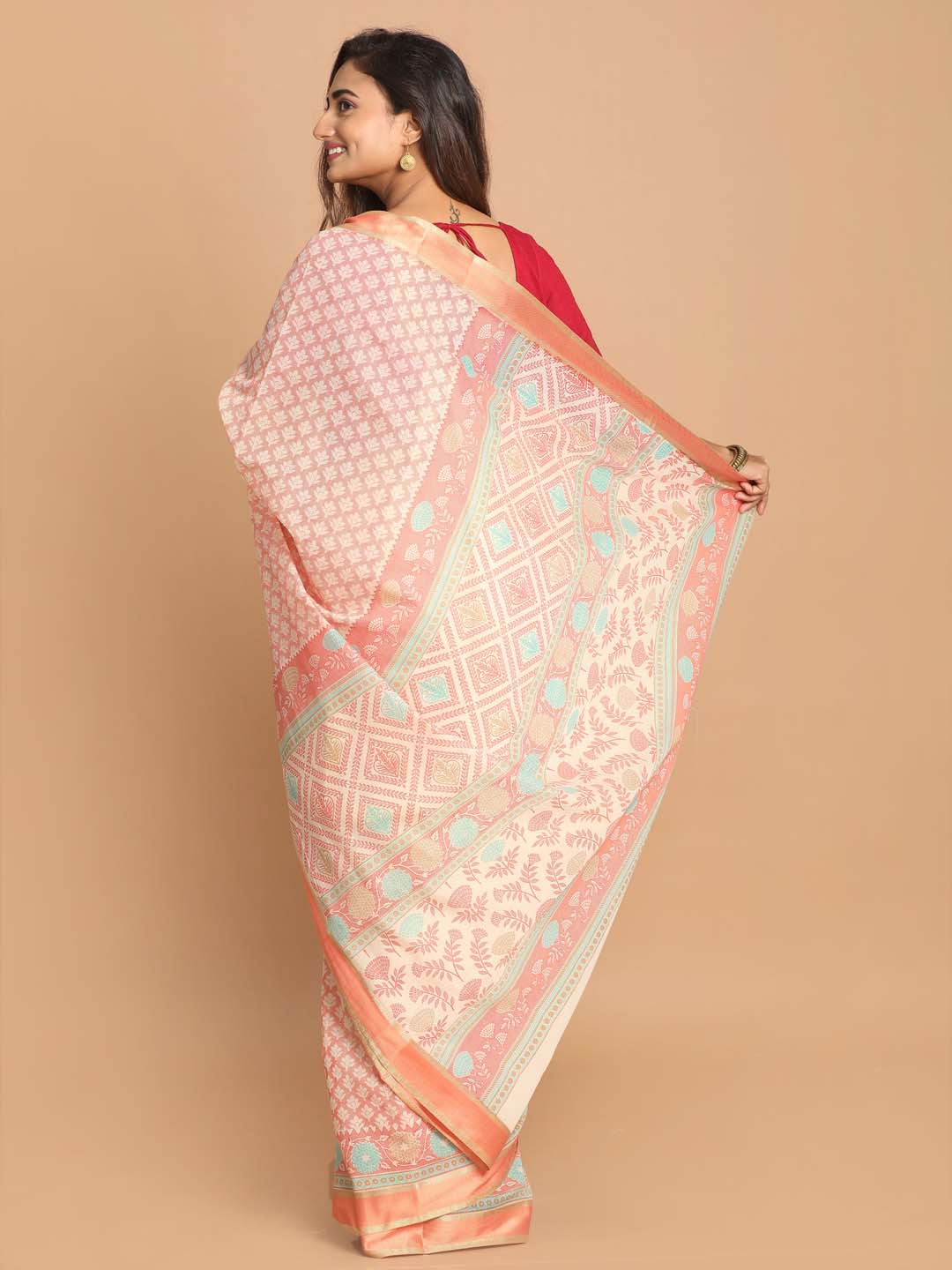 Indethnic Printed Cotton Blend Saree in Orange - View 3