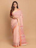 Indethnic Printed Cotton Blend Saree in Orange - View 1