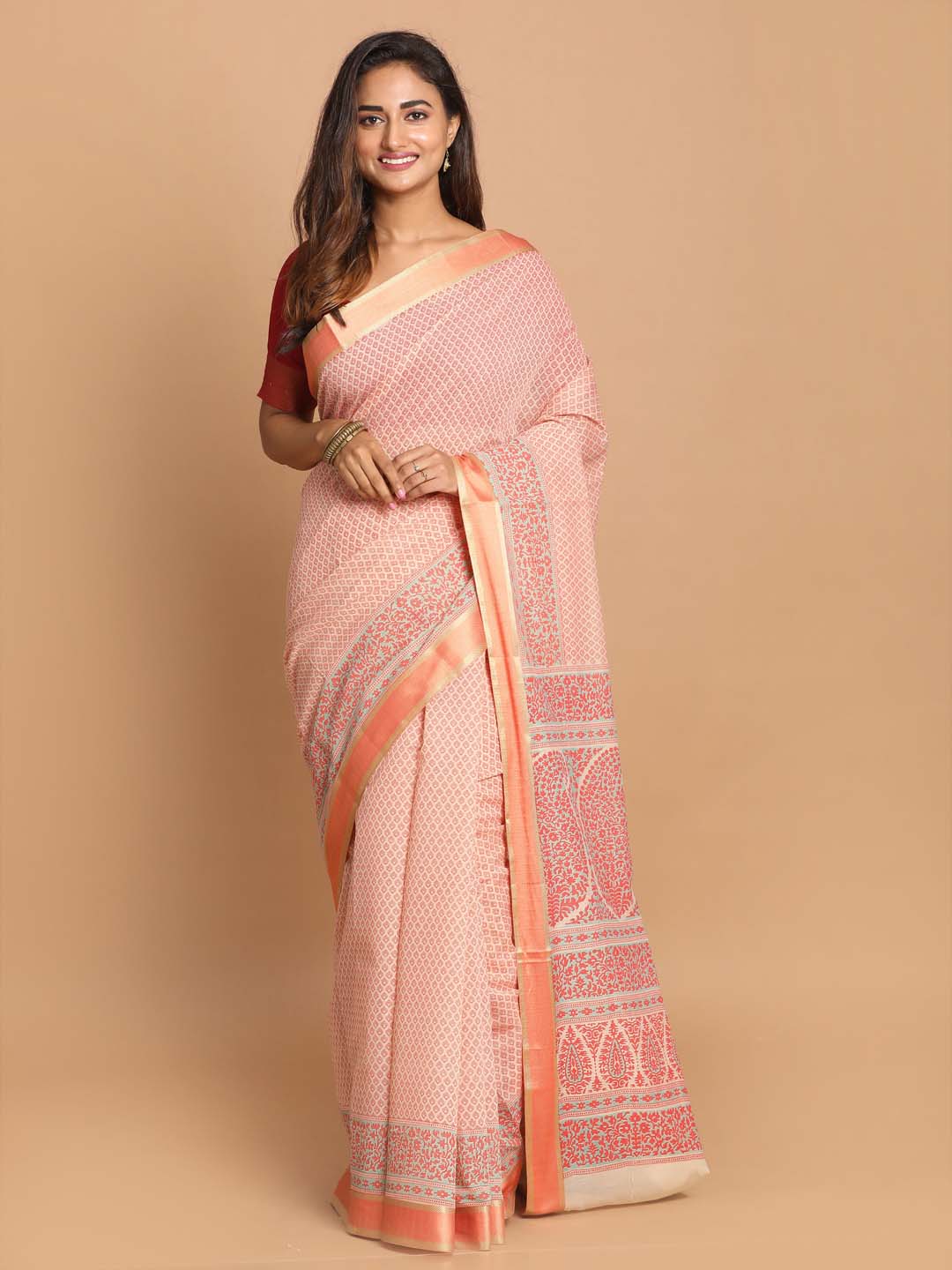 Indethnic Printed Cotton Blend Saree in Orange - View 1