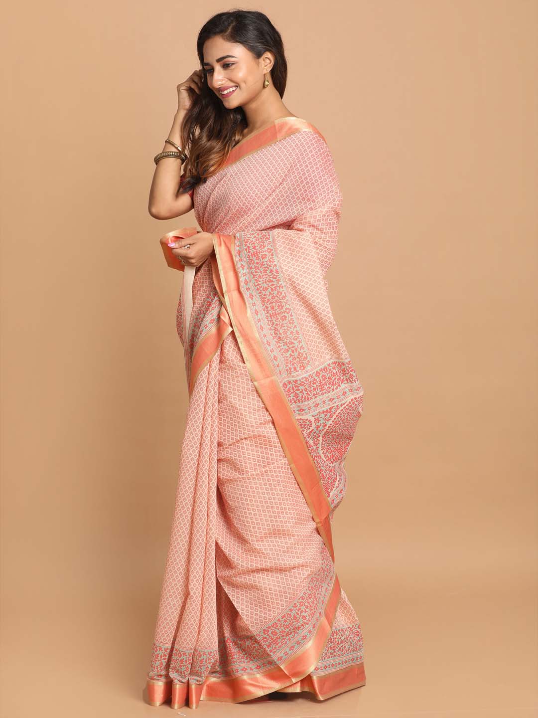 Indethnic Printed Cotton Blend Saree in Orange - View 2