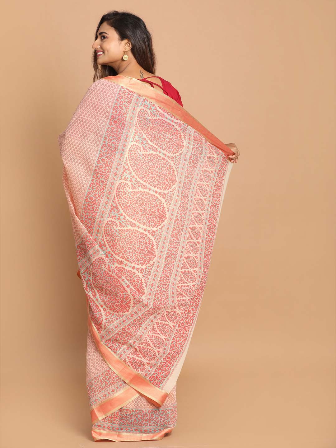 Indethnic Printed Cotton Blend Saree in Orange - View 3