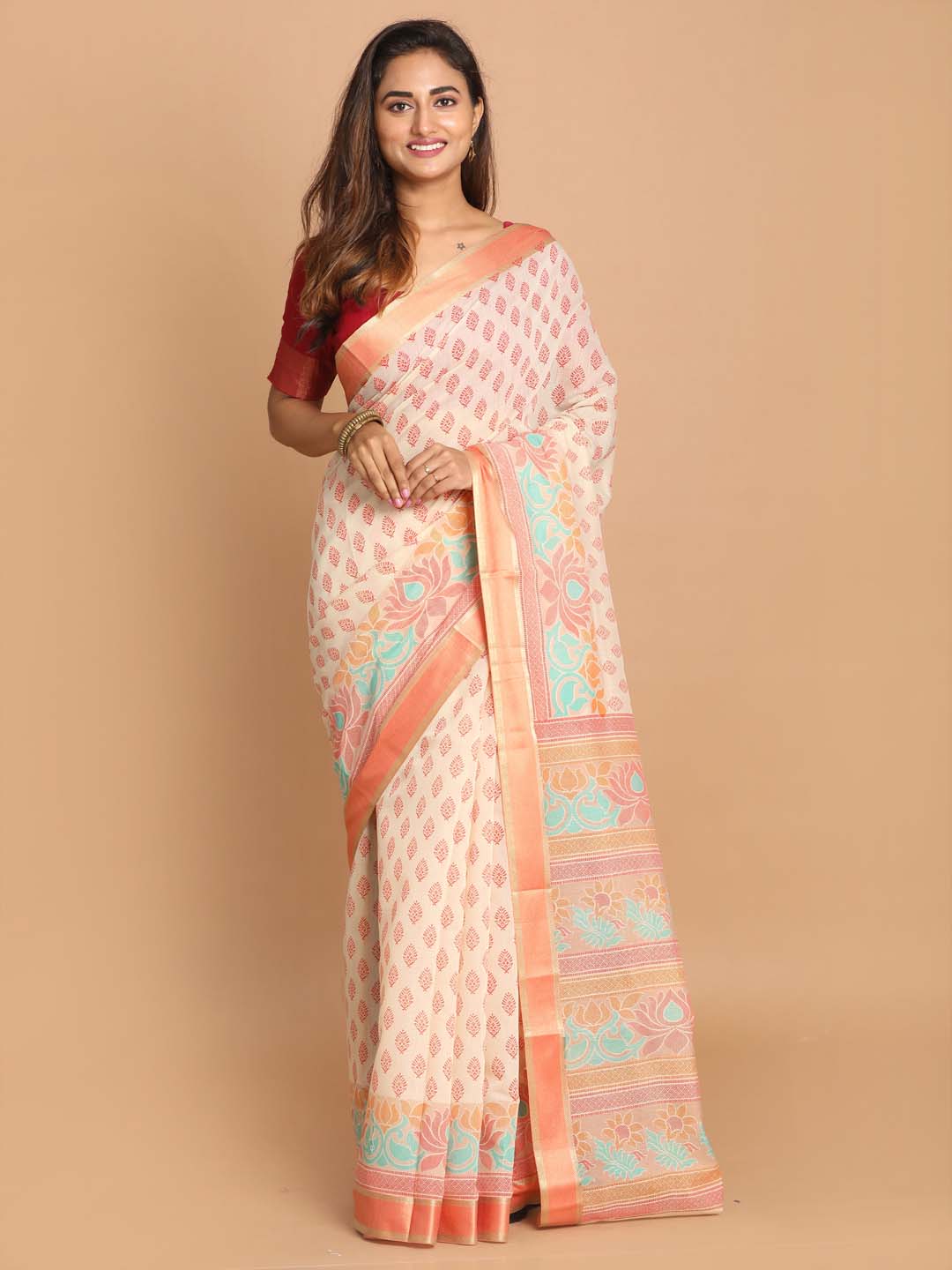 Indethnic Printed Cotton Blend Saree in Orange - View 1