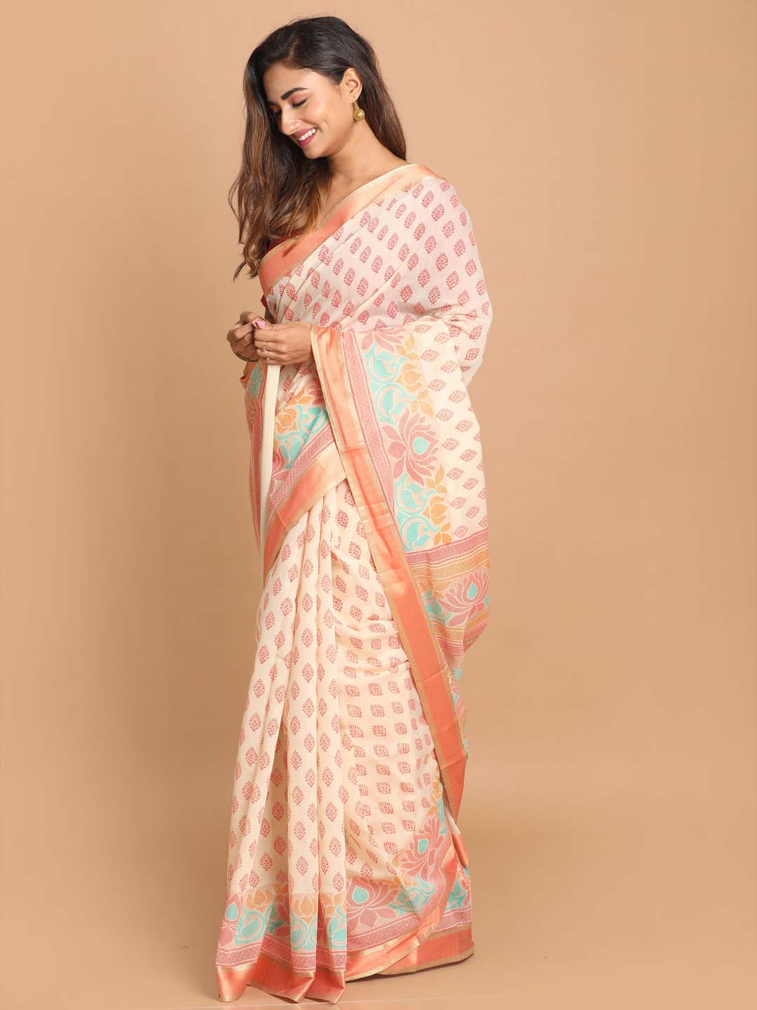 Indethnic Printed Cotton Blend Saree in Orange - View 1