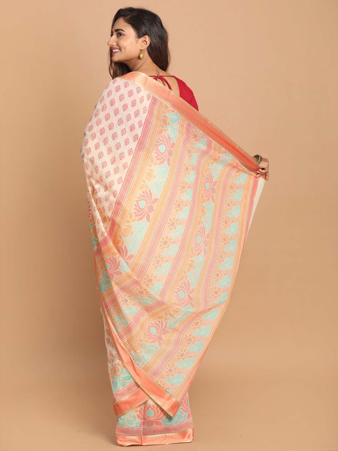 Indethnic Printed Cotton Blend Saree in Orange - View 3