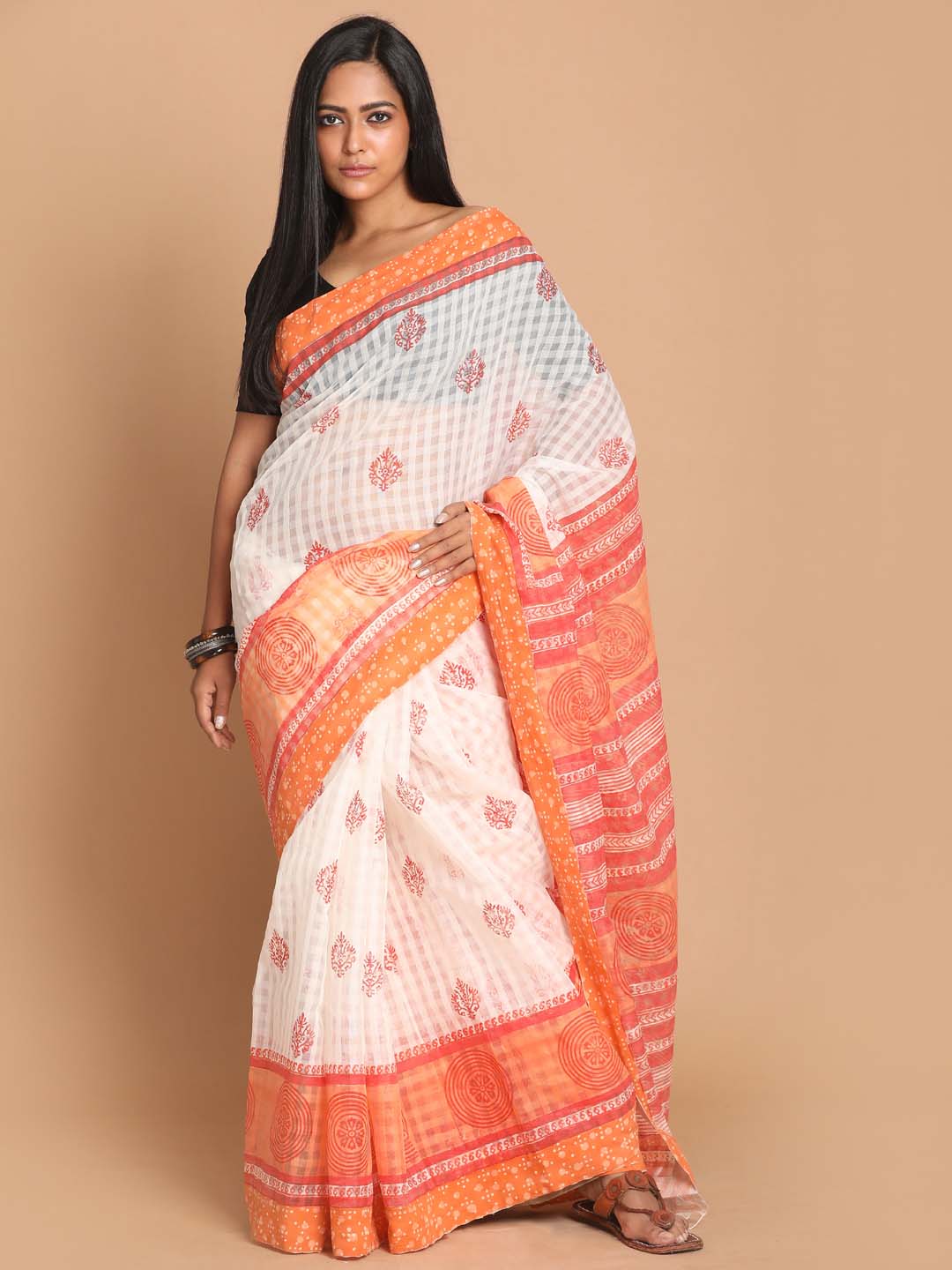 Indethnic Printed Cotton Blend Saree in orange - View 1