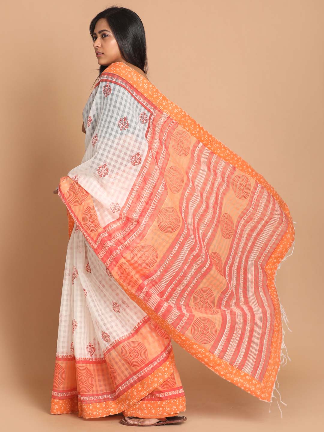 Indethnic Printed Cotton Blend Saree in orange - View 1