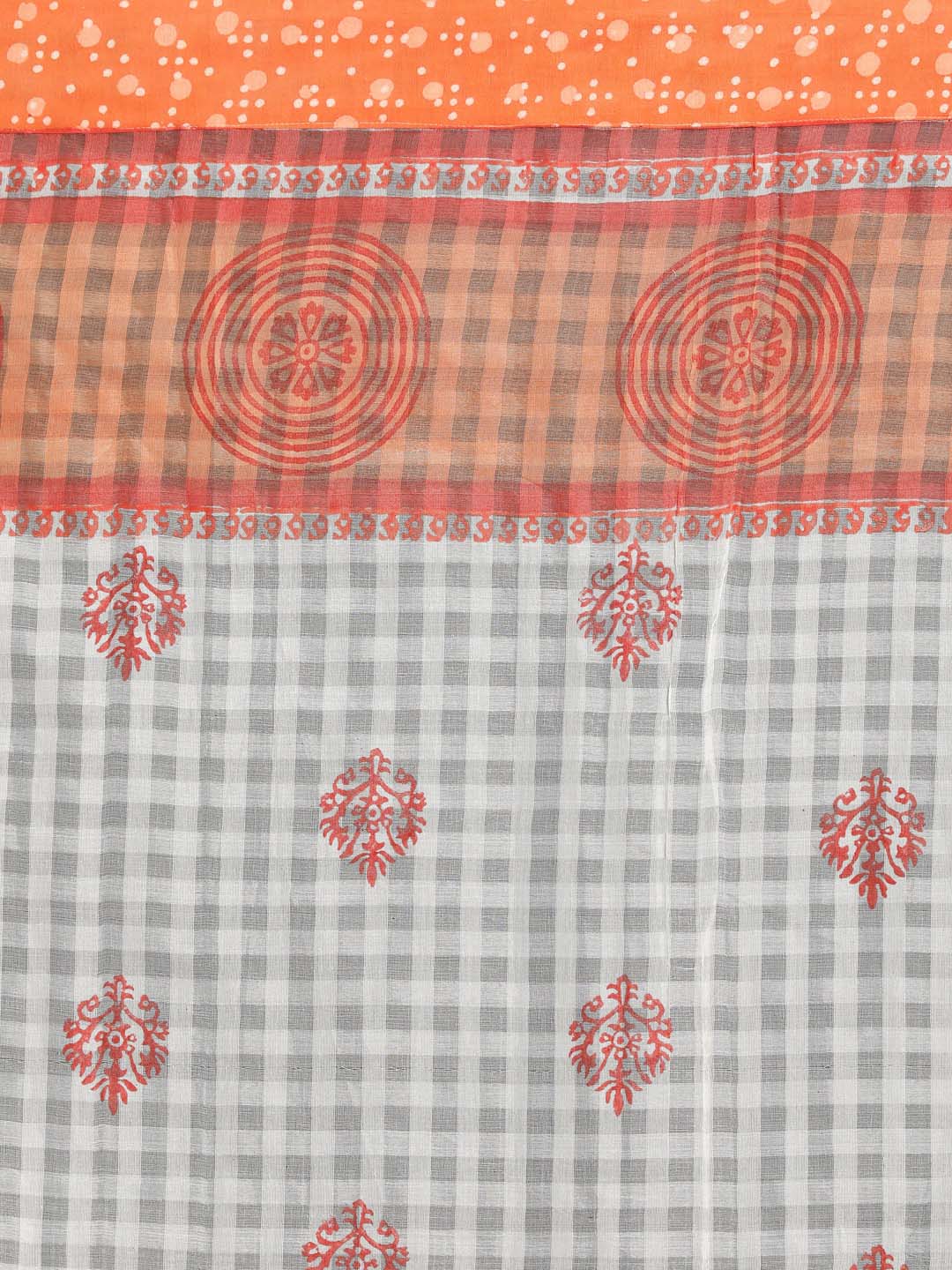 Indethnic Printed Cotton Blend Saree in orange - Saree Detail View