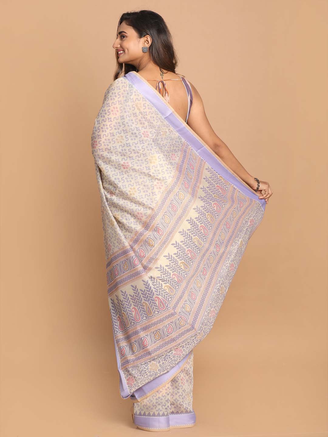 Indethnic Printed Cotton Blend Saree in Purple - View 3