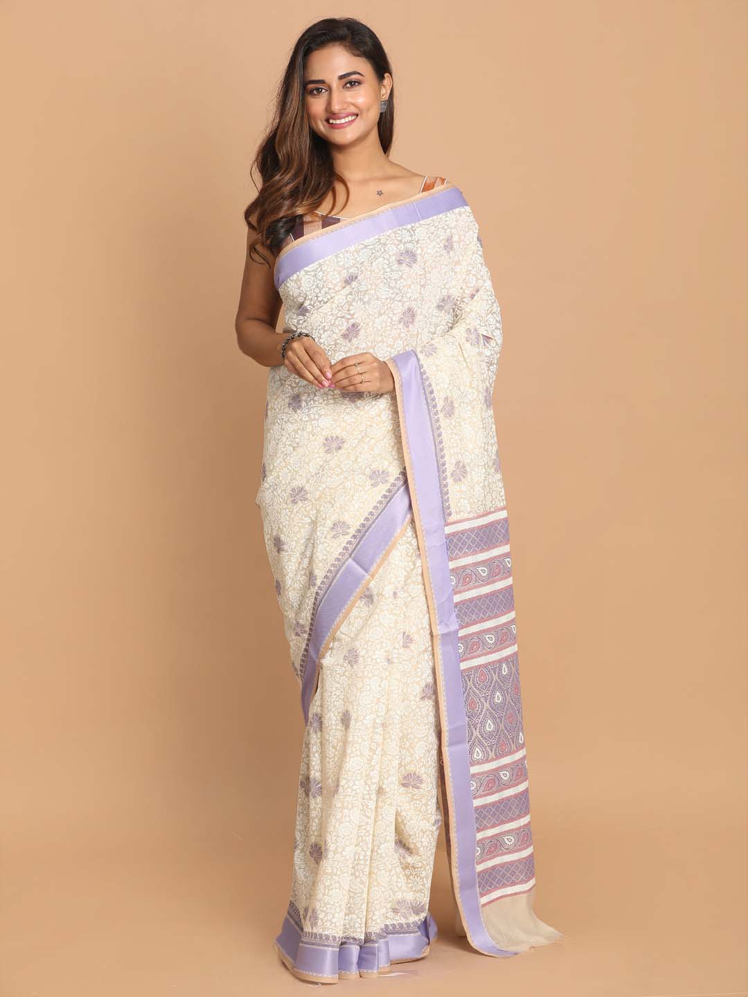 Indethnic Printed Cotton Blend Saree in Purple - View 1