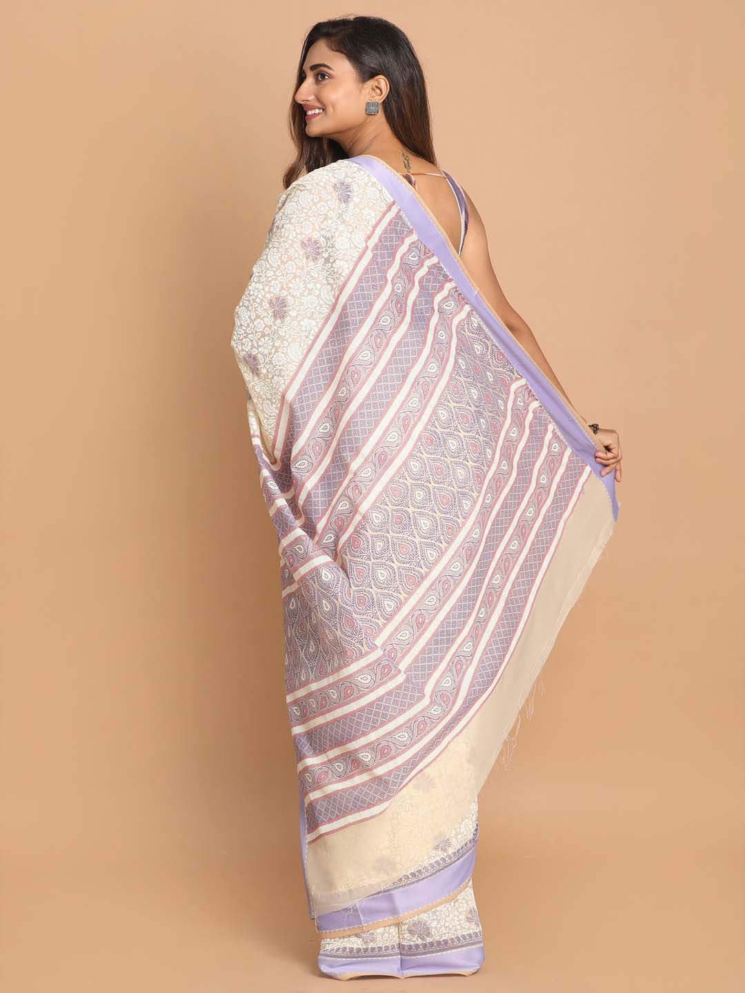 Indethnic Printed Cotton Blend Saree in Purple - View 3