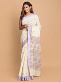 Indethnic Printed Cotton Blend Saree in Purple - View 1