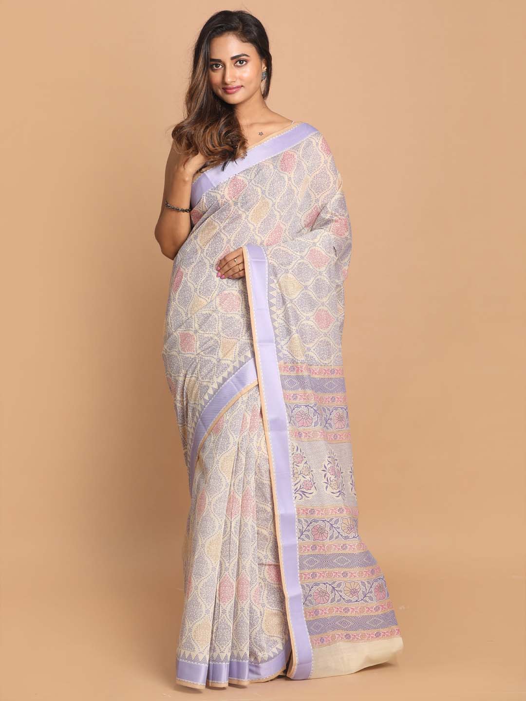 Indethnic Printed Cotton Blend Saree in Purple - View 1