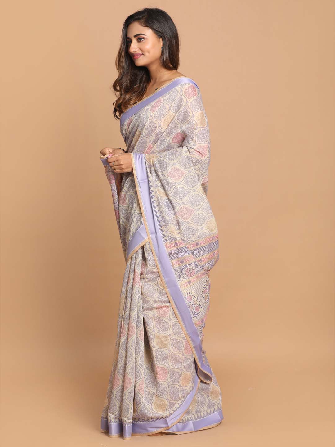 Indethnic Printed Cotton Blend Saree in Purple - View 2