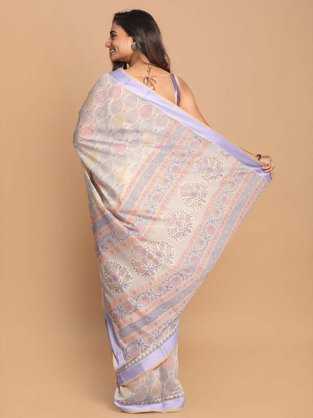 Indethnic Printed Cotton Blend Saree in Purple - View 3