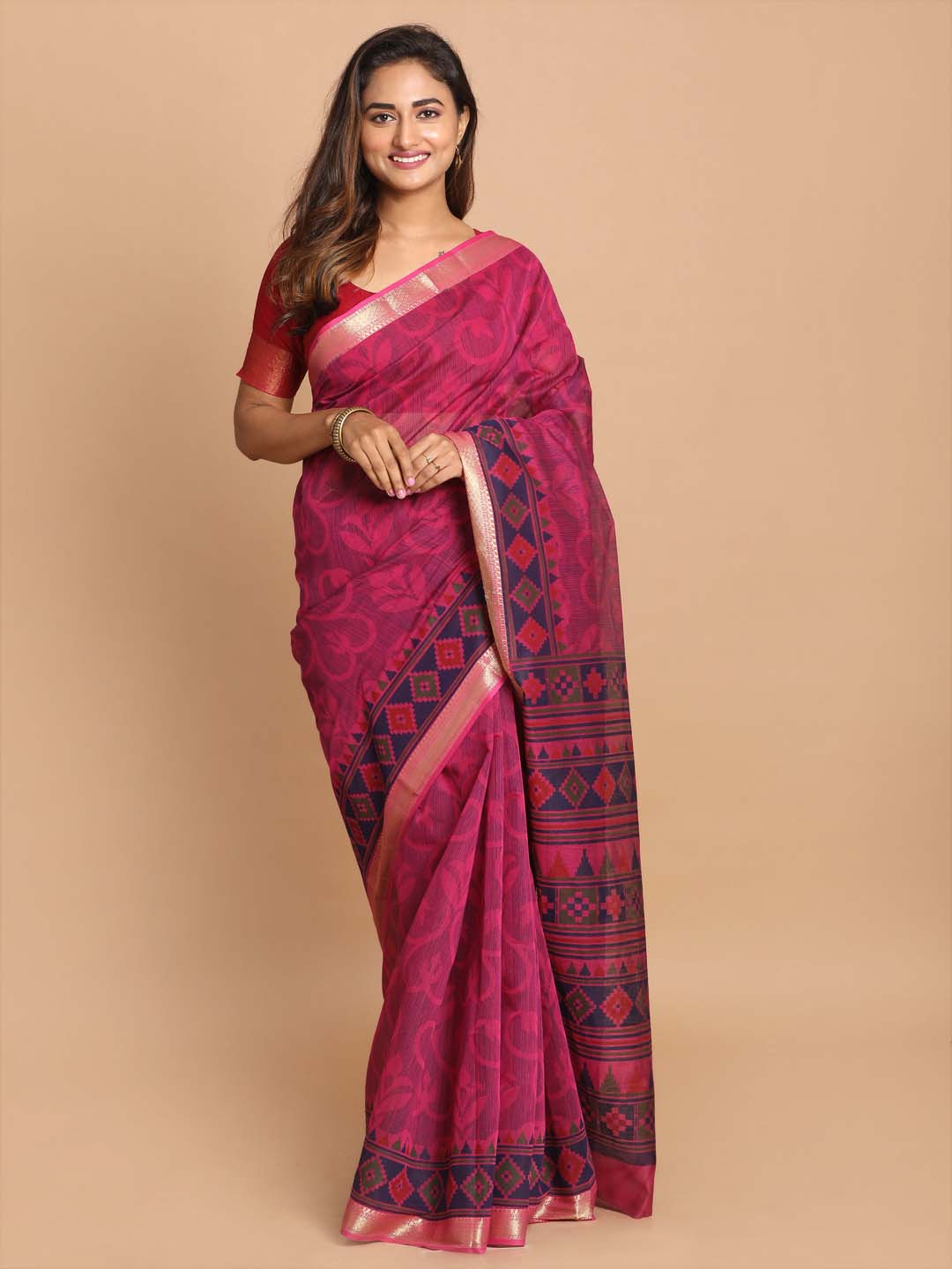 Indethnic Printed Cotton Blend Saree in Purple - View 1