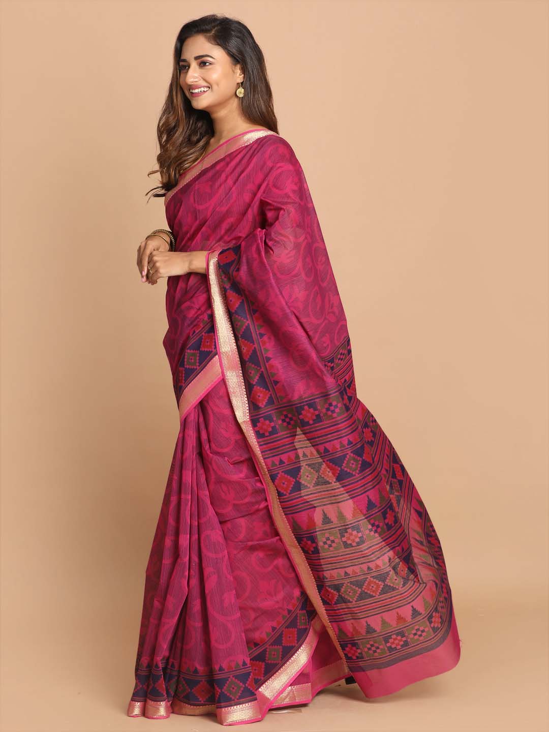 Indethnic Printed Cotton Blend Saree in Purple - View 2